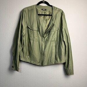DKNY Womens Lg Olive Green Gorpcore Utility Full Zip Collarless Jacket Pleated